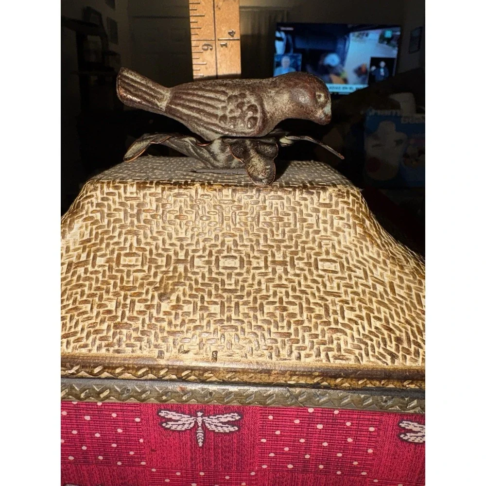 Vintage Decorative Trinket Box Red Dragonfly Basketweave Metal Bird Handle Large